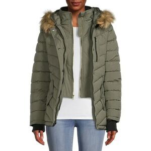Swiss Tech Women's Small Green Puffer Coat Faux Fur Hood Winter‎ Jacket